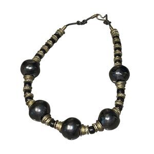 Vintage Leather Brass Black Onyx and Hematite Tribe Necklace